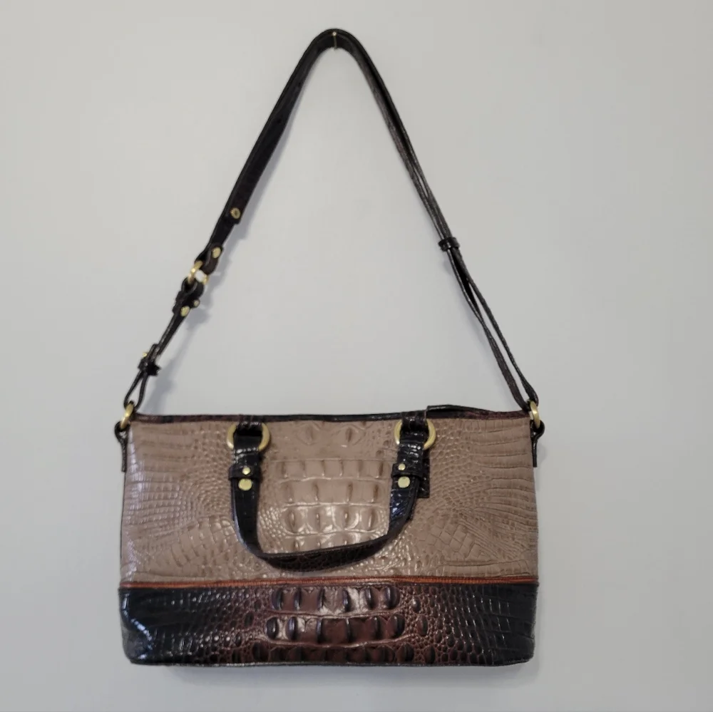 Brahmin Mini Asher Satchel Bag Croc Embossed Rich Dark Brown Grey Tan Luxury